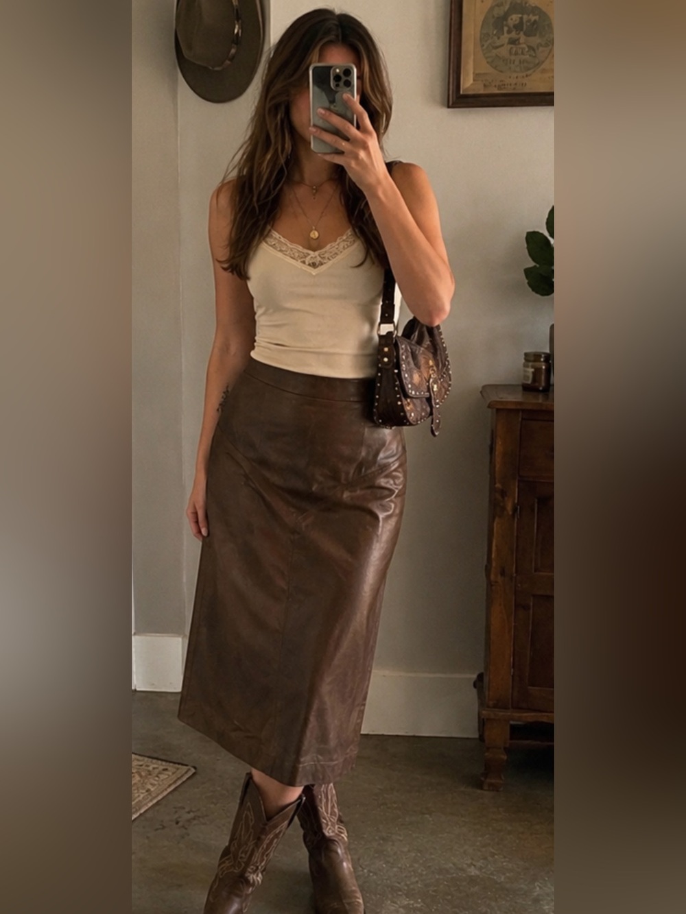 Brown Genuine Leather Midi Skirt High Waist Straight Size 9 Vintage